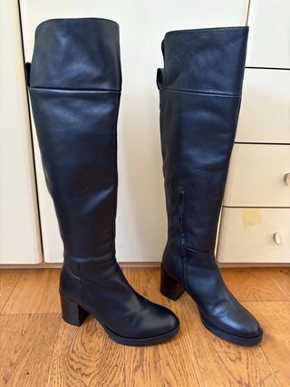 Stivali overknee Zara vera pelle nera tacco largo