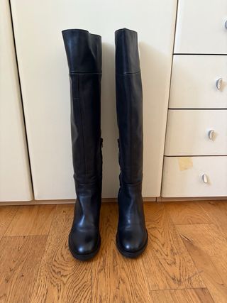 Stivali overknee Zara vera pelle nera tacco largo