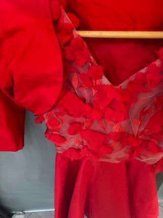 Vestito rosso con bolero e fiori 3d sartoria itali