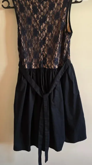 Vestido fiesta encaje azul y beige