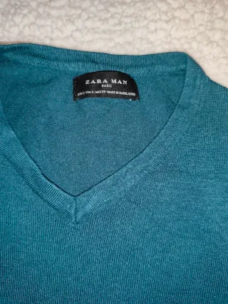 Jersey Zara Hombre Azul Petróleo Cuello Pico