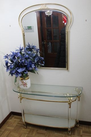 Recibidor y Espejo Metal y Vidrio Dorado