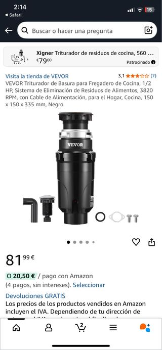 Triturador de residuos de cocina VEVOR