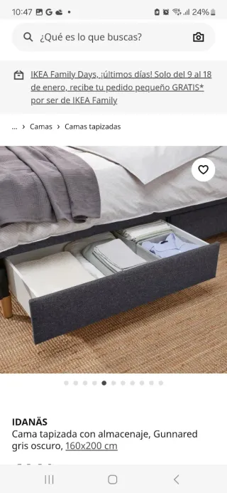 Cama tapizada gris 160x200 3 años de uso