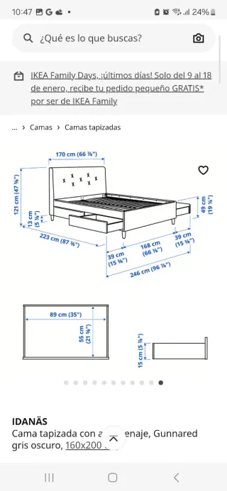 Cama tapizada gris 160x200 3 años de uso