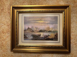 Cuadro decorativo paisaje río y barcas