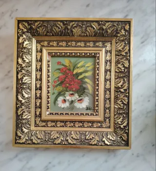 Cuadro decorativo flores doradas y rojas