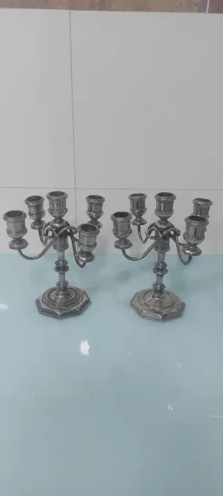 Pareja de candelabros de alpaca plateado 5 brazos