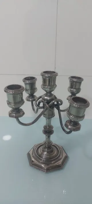 Pareja de candelabros de alpaca plateado 5 brazos