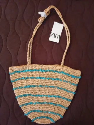 Bolso Zara Rafia Turquesa Nuevo