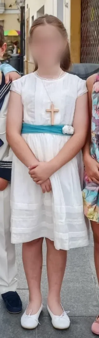 Vestido corto comunión blanco con fajín verde agua