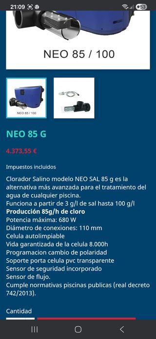 Clorador Salino Hayward Neo 85 pH/Rx Piscina