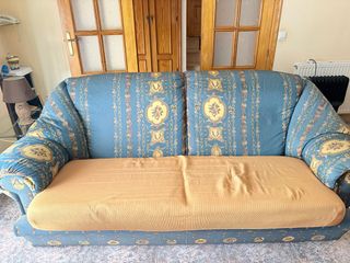 Sofá de 3 plazas tela azul y amarillo