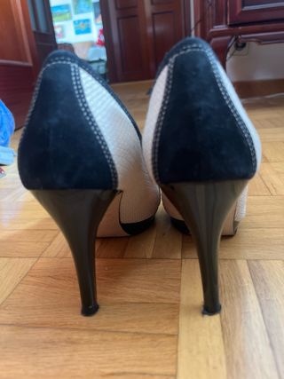 Zapatos tacón Zara rafia beige y ante negros