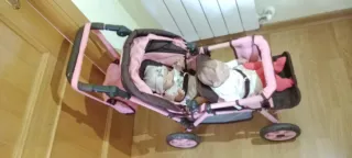 Carro gemelar para muñecas rosa y marrón