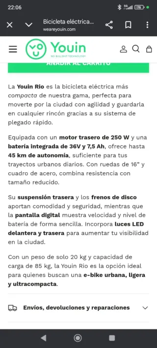 Bicicleta Eléctrica Youin Rio 250W