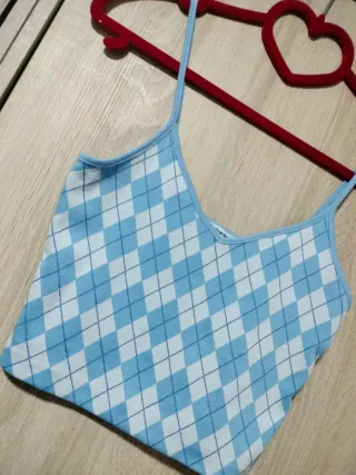 Crop top rombos colegiala vintage azul blanco