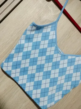 Crop top rombos colegiala vintage azul blanco