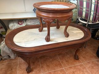 Conjunto mesas madera y mármol, antigüedades