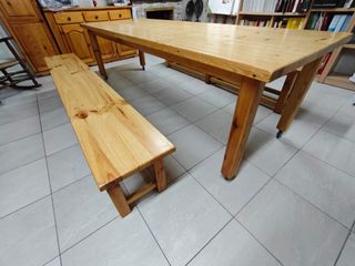 Mesa rústica madera maciza + bancos