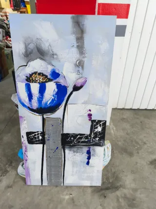 Cuadro acrílico flores relieve azul blanco