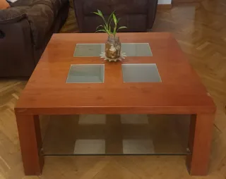 Mesa baja salón madera y cristal 90x90