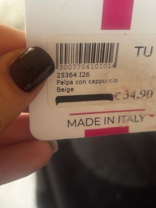 Felpa cappuccio Made in Italy Tg. Unica Beige