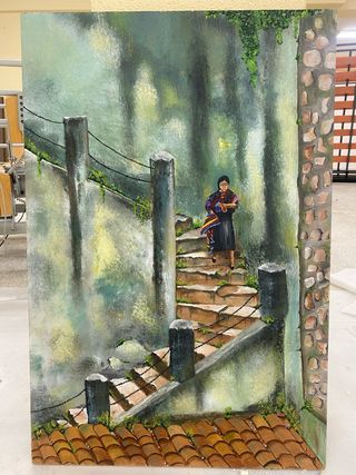 Óleo sobre tabla mujer escaleras