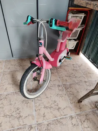 Bicicleta infantil rosa con asiento trasero