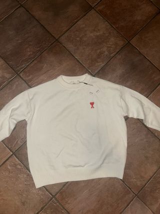 Maglione AMI Paris bianco con logo cuore rosso