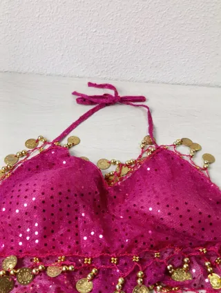 Disfraz árabe niña top y falda fucsia con monedas