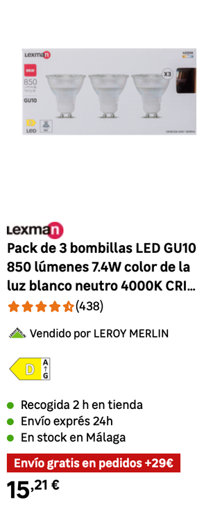 3 Bombillas LED Lexman GU10 850 Lúmenes 4000K