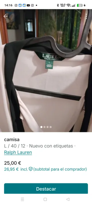 Camisa Ralph Lauren Talla L/40/12 Blanca