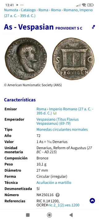 Moneda Romana Época Emperador Vespasiano