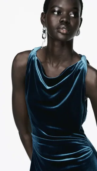 Vestido Zara Terciopelo Largo Azul Teal