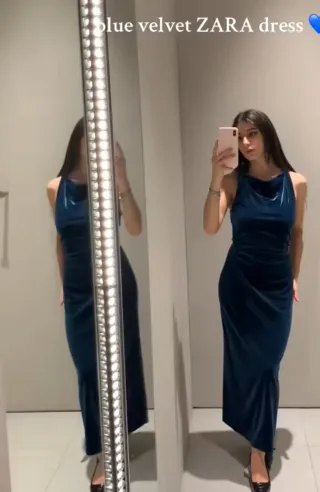 Vestido Zara Terciopelo Largo Azul Teal