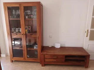 VITRINA, MUEBLE TV Y MESA CENTRO ESTILO RÚSTICO