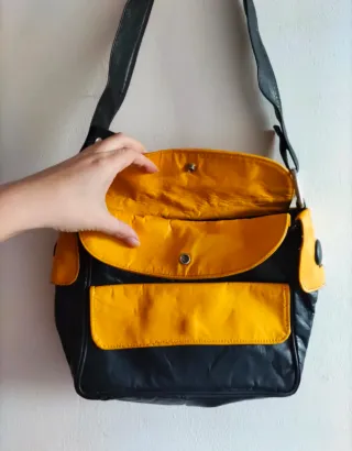 Borsa vintage pelle blu e gialla