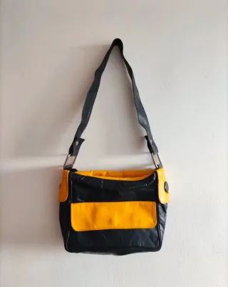 Borsa vintage pelle blu e gialla