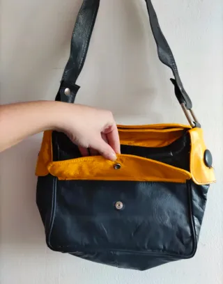 Borsa vintage pelle blu e gialla
