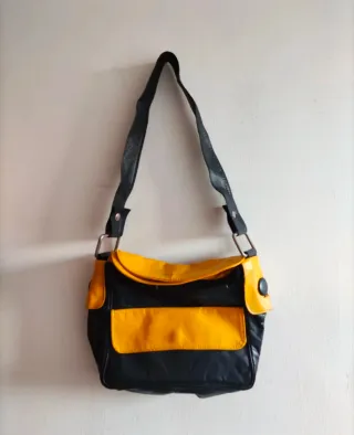 Borsa vintage pelle blu e gialla