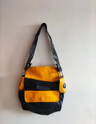 Borsa vintage pelle blu e gialla