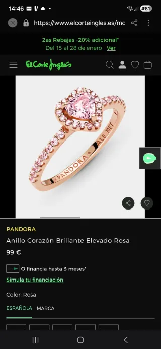 Anillo Pandora Corazón Rosa Brillante