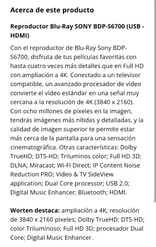 Reproductor Compacto-Blu-ray Sony S6700 3D