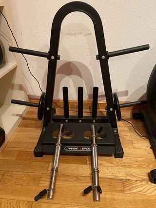 Juego de pesas: discos, barras, banco