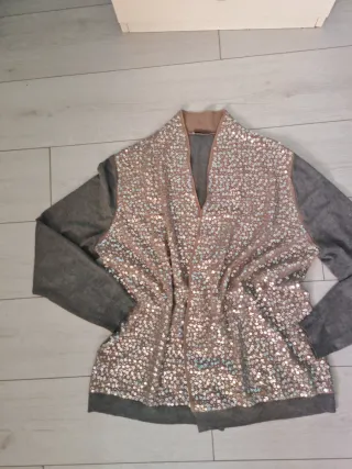 Cardigan con paillettes beige e grigio