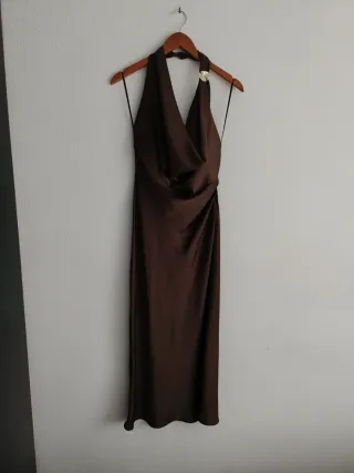 Vestido largo Zara satinado marrón Talla S