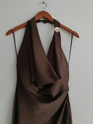 Vestido largo Zara satinado marrón Talla S