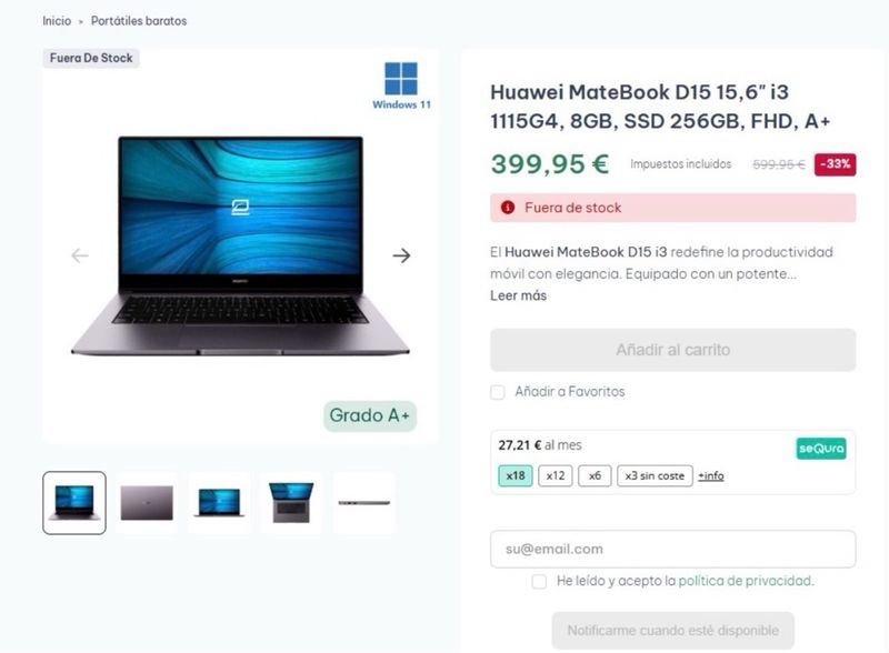 Huawei MateBook D15 Portátil 15.6 Plata afbeelding 7