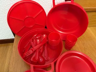 Juego Vajilla Plástico Camping Rojo